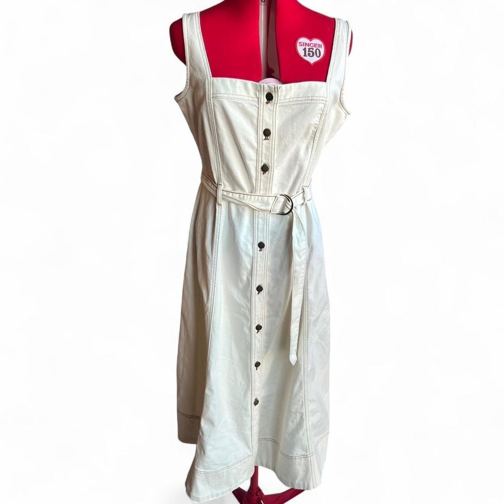 Loft cottagecore white denim canvas sleeveless midi dress button front & belt